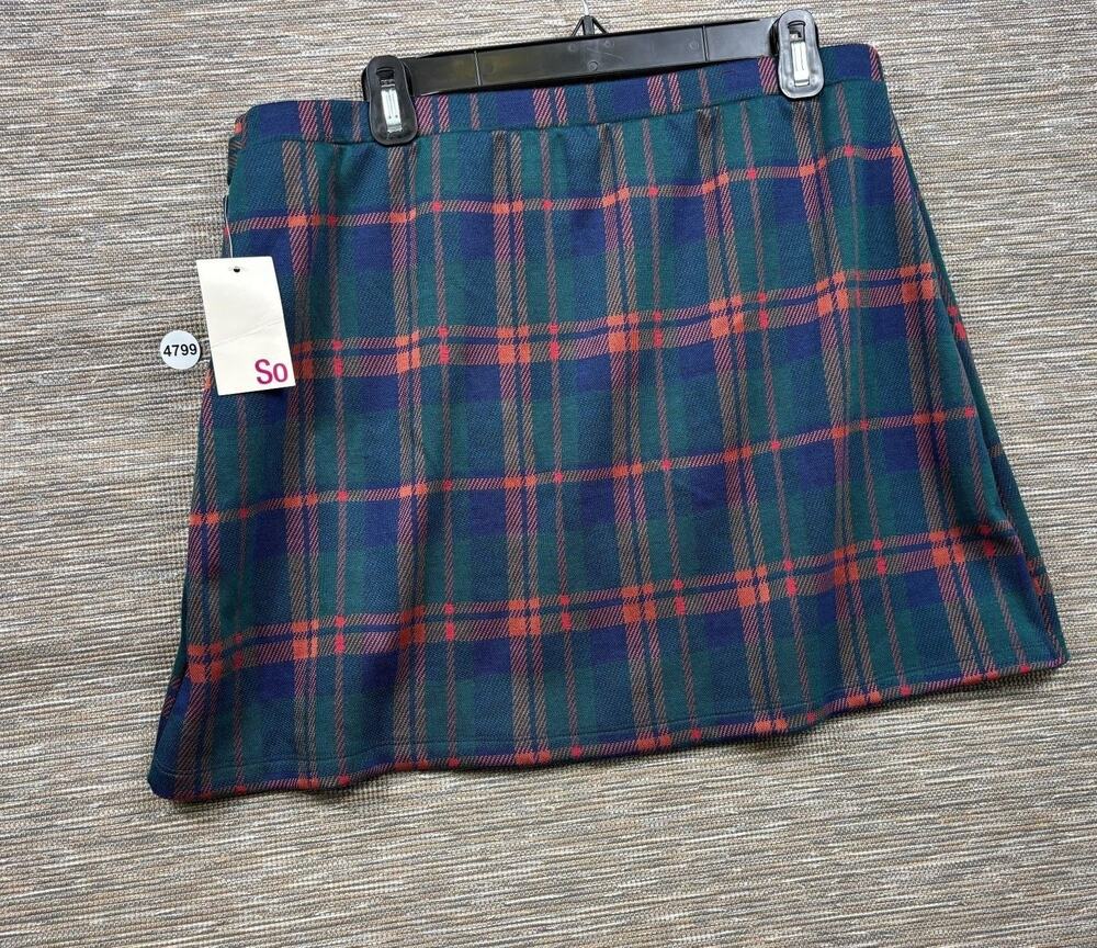 SO Skirt Juniors 2XL Green Plaid Wrap Mini Twill Stretch Casual Snap Strap NEW